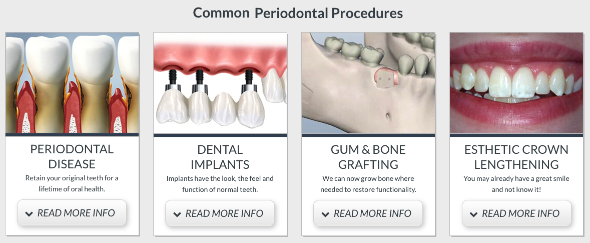 Common periodontal procedures: periodontal disease treatment, dental implants, gum and bone grafting, and esthetic crown lengthening