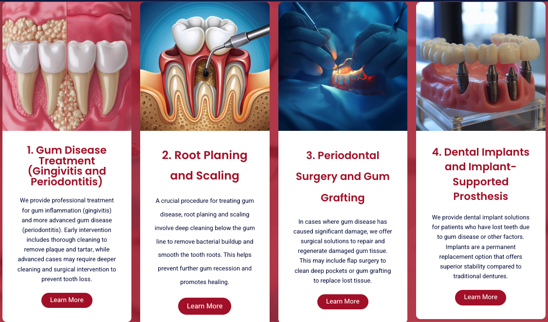 Four gum disease treatment approaches: gum disease treatment for gingivitis and periodontitis, root planing and scaling, periodontal surgery and gum grafting, and dental implants with implant-supported prosthesis